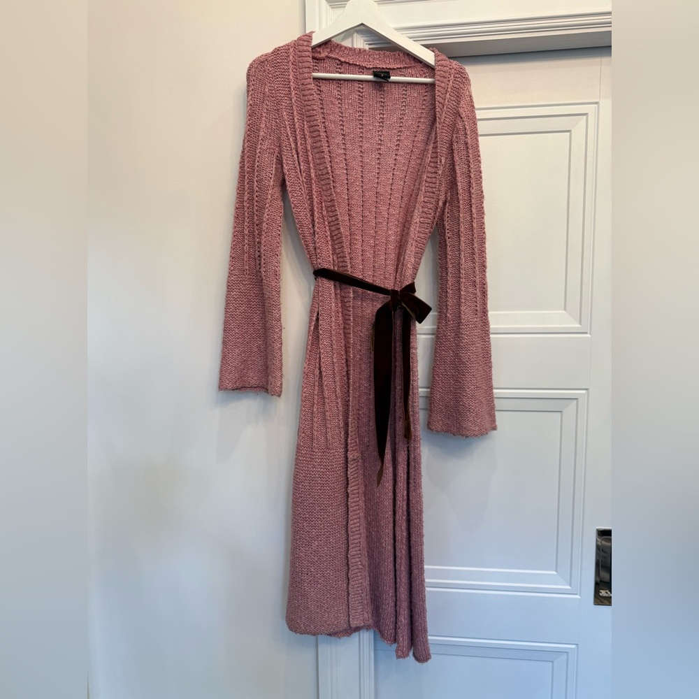 2010s PLENTY TRACY REESE LONG DUSTER CARDIGAN PINK WOOL SMALL BELL SLEEVE